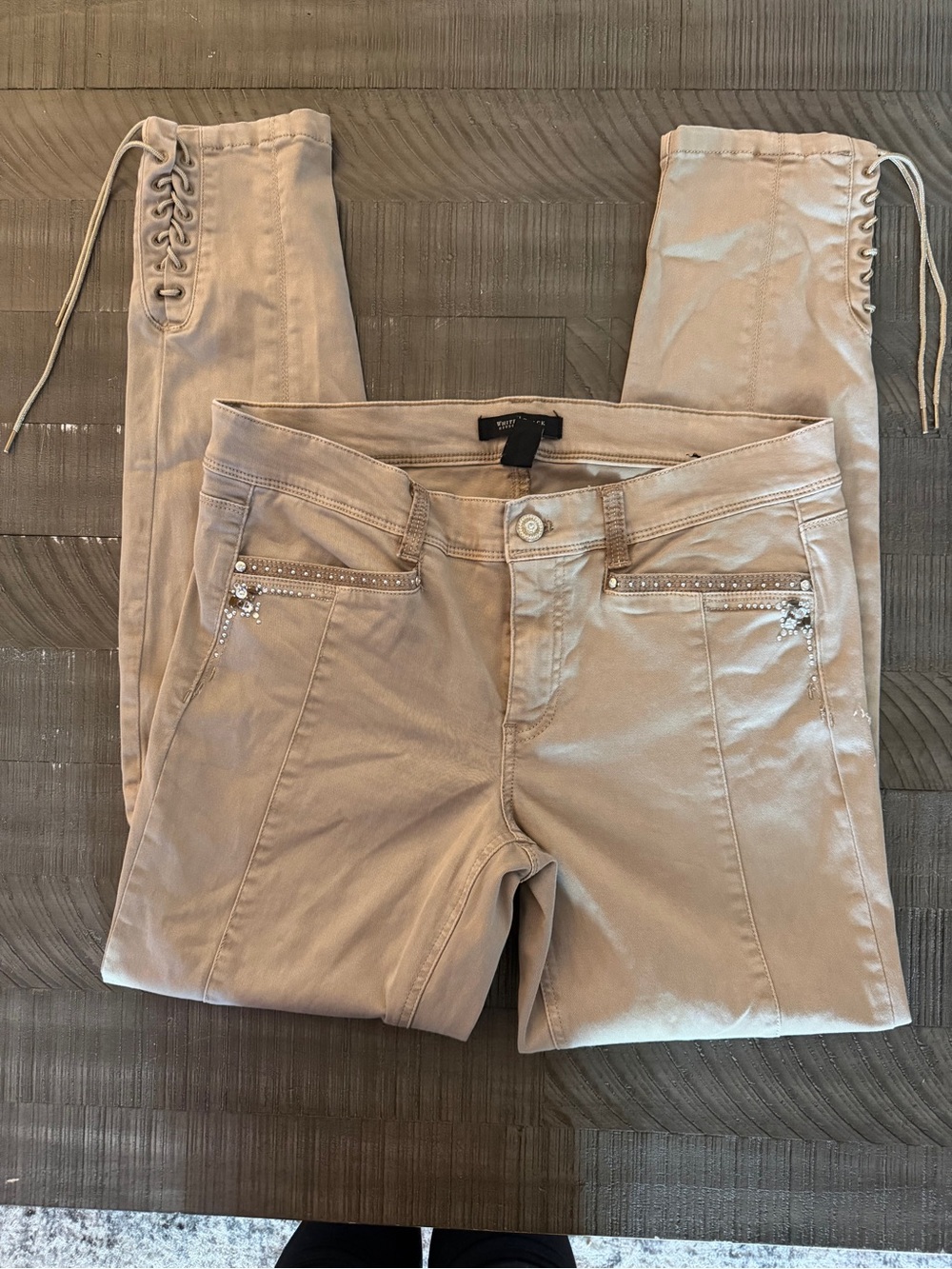 White House Black Market Beige Skinny Jeans with Lace-Up Ankles